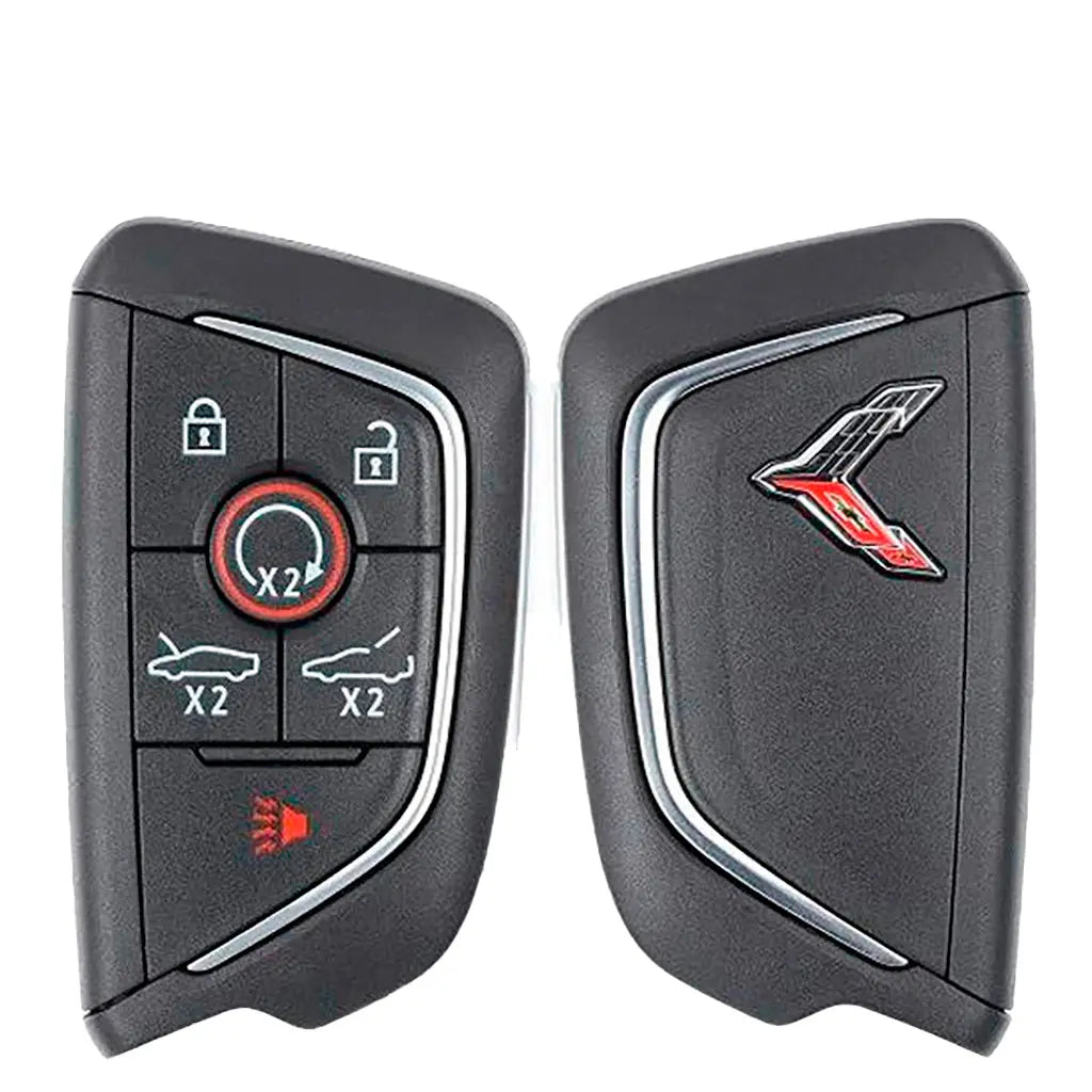 front and back of 2020-2022 (OEM) Smart Key for Chevrolet Corvette C8  PN 13538851  YG0G20TB1  Carbon Gray Logo