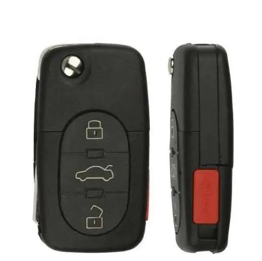 front and side of 1997-2005 (Aftermarket) Remote Flip Key for Audi A4  A6  A8  Allroad Quattro  Cabriolet  PN MYT8Z0837231