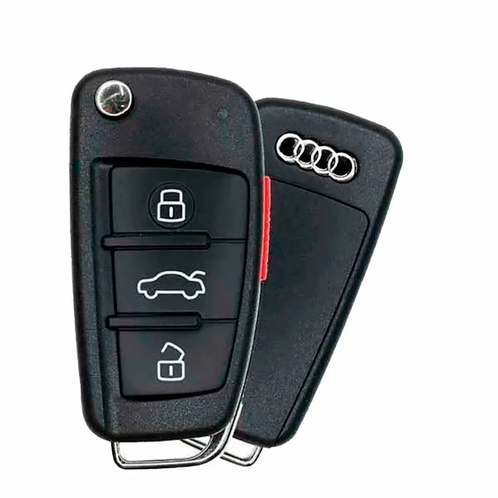 Front and back of 2005-2010 (OEM Refurb) Remote Flip Key for Audi  PN 8P0 837 220E  / NBG009272T