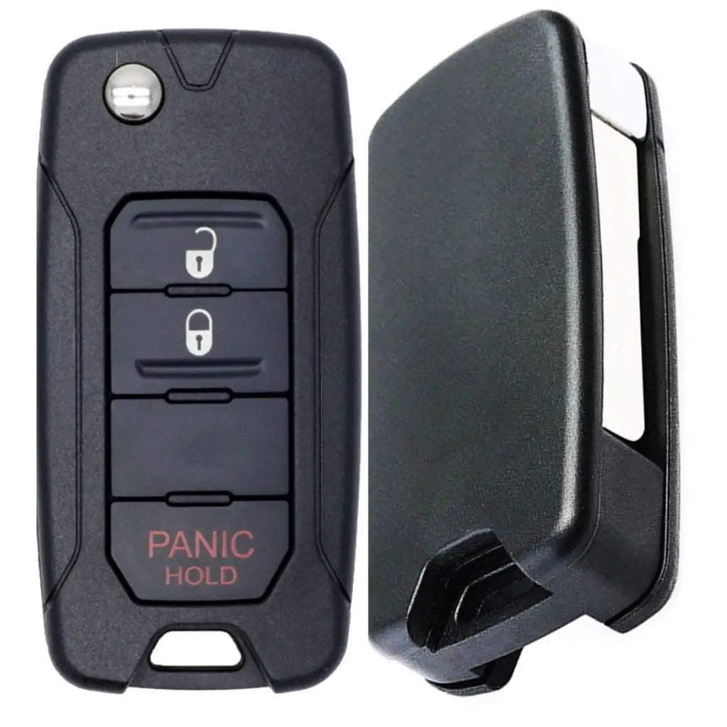 front and back of 2015-2018 (Aftermarket) Remote Flip Key for Jeep Renegade  PN 65YK41LXHAa  2ADFTFI5AM433TX